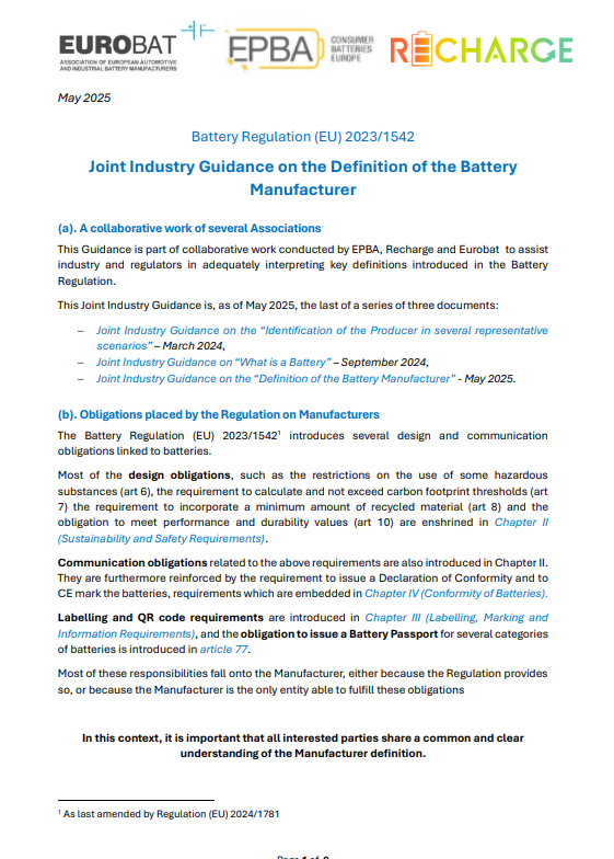 Joint Industry Guidance on the Definition of the Battery Manufacturer