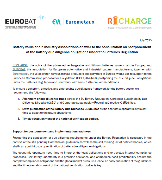 Battery value chain industry associations answer to the consultation on postponement of the battery due diligence obligations under the Batteries Regulation