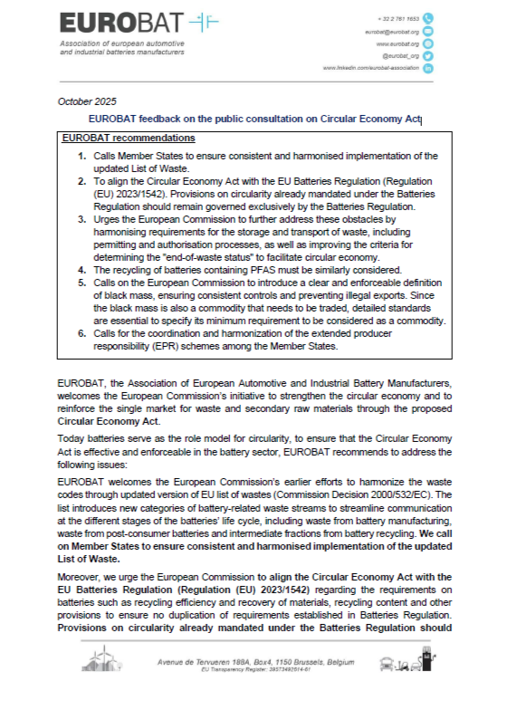 EUROBAT feedback on the public consultation on Circular Economy Act